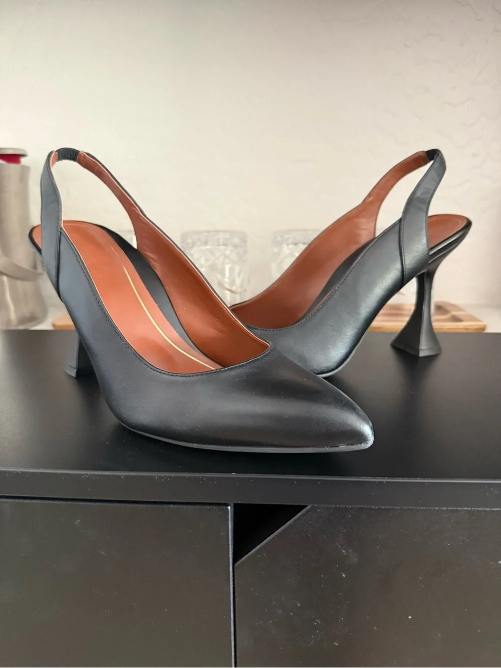 Vionic Black Leather Pointed Slingback Heels